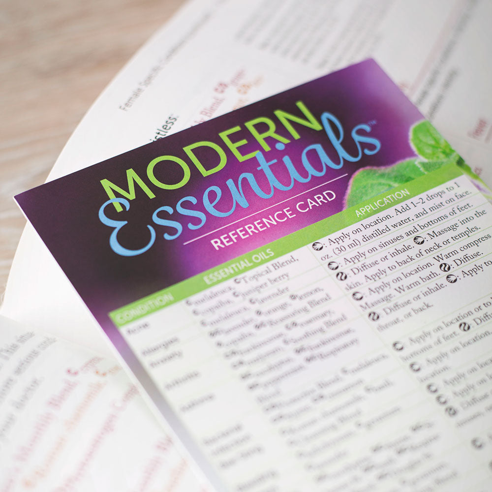 The Modern Essentials Reference Card (9th Edition) laying on an open Modern Essentials book.