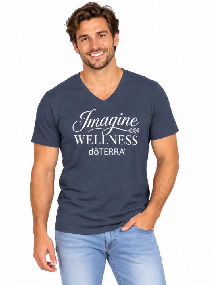 Unisex ’Imagine WELLNESS doTERRA®’ Logo Short-Sleeve V- Neck T-Shirt - Heather Navy / Small (S)