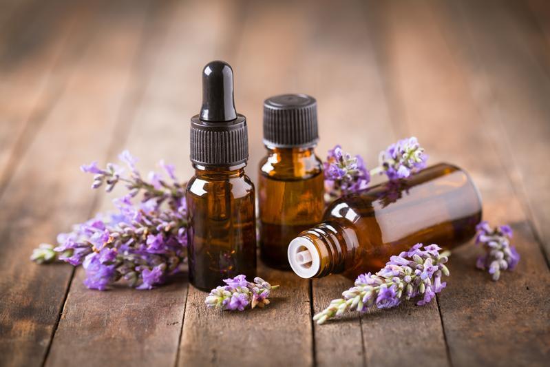 Essential oil vials and droppers and lavender plants sitting on a wood shelf.