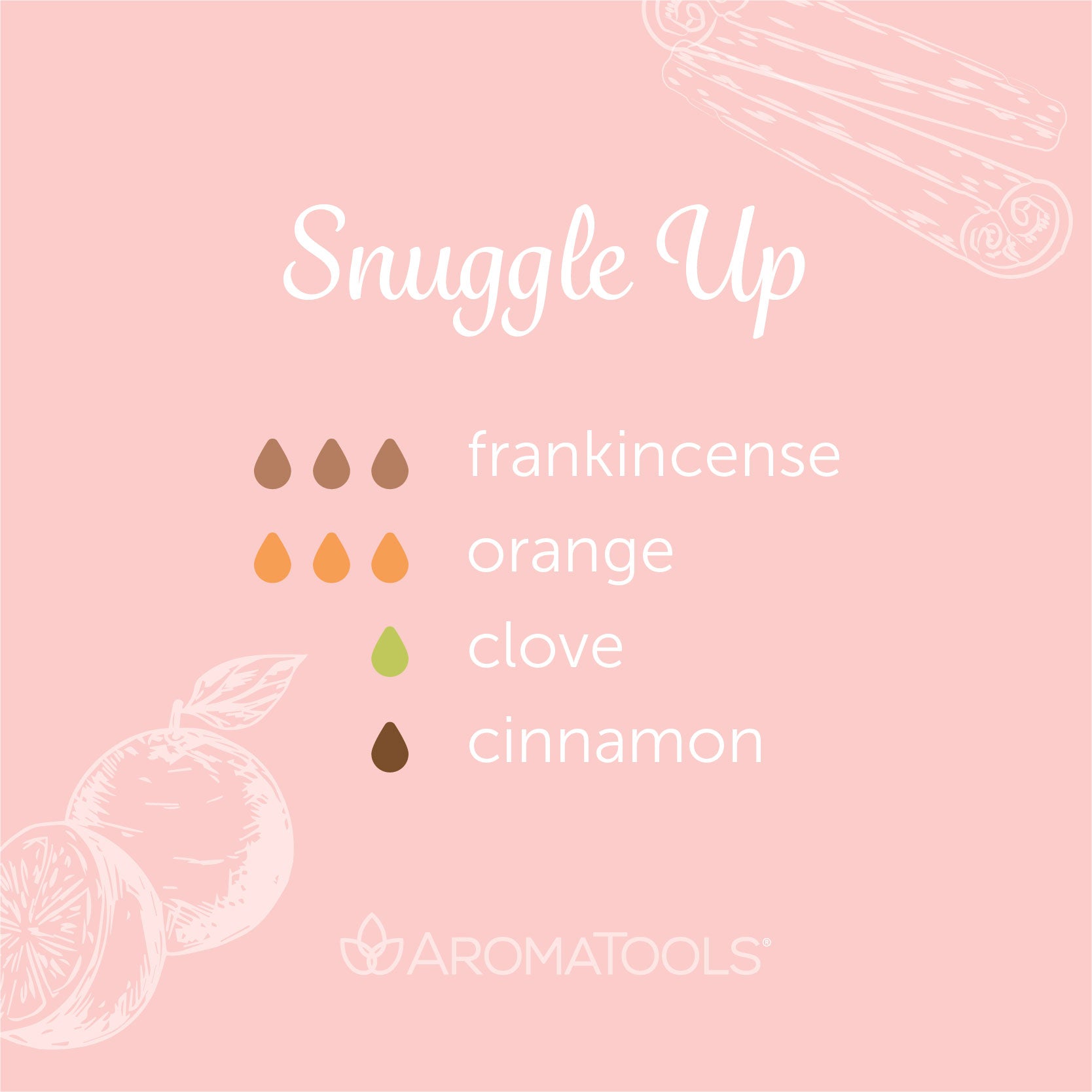 "Snuggle Up" Diffuser Blend. Features frankincense, orange, clove and cinnamon essential oils.