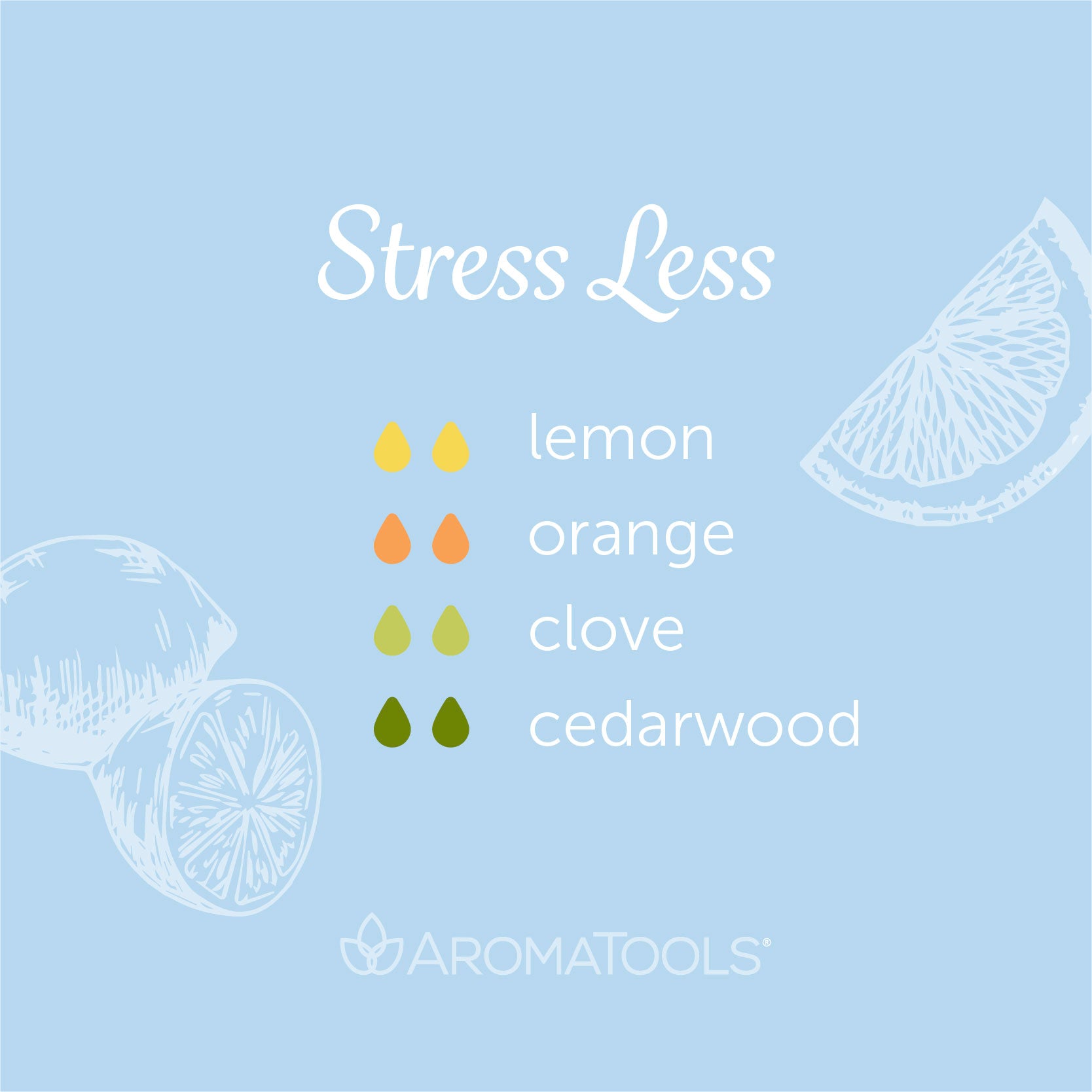 "Stress Less" Diffuser Blend. Features lemon, orange, clove and cedarwood essential oils.