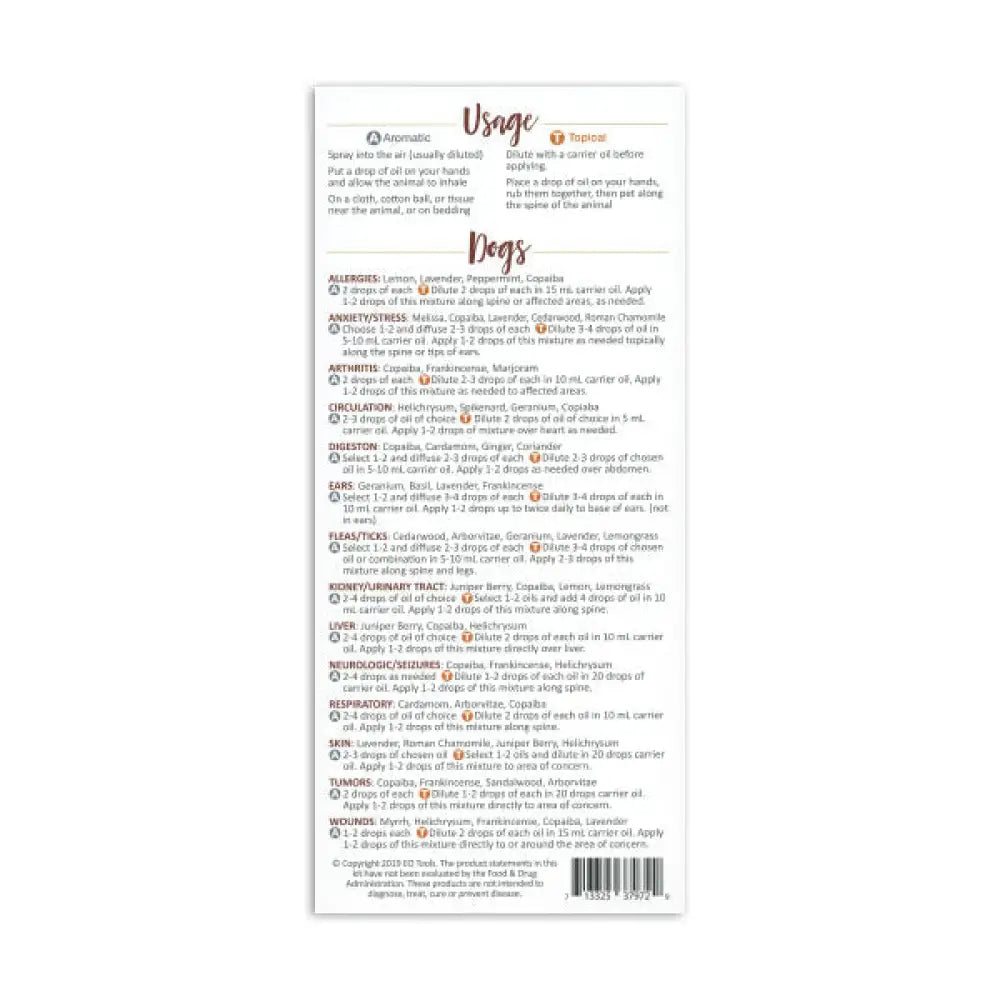 Essential Oils For Dogs And Cats Reference Cards (Pack Of 25)