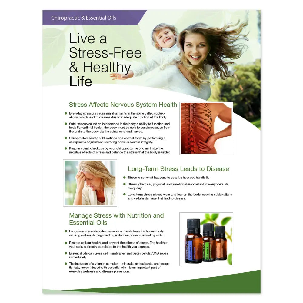 &quot;Chiropractic &amp; Essential Oils: Live a Stress-Free &amp; Healthy Life&quot; 2-Page Foldout (Pack of 25)