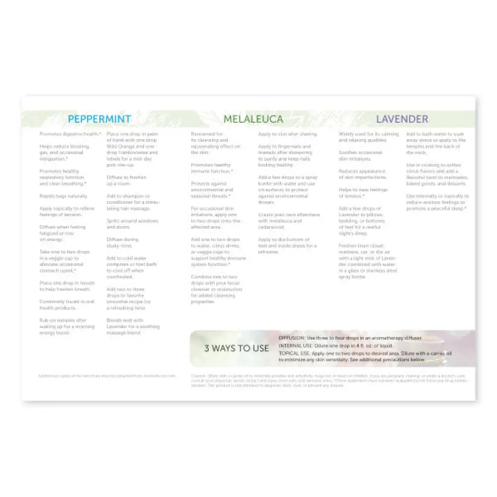 How To Use Essential Oils: Peppermint Melaleuca And Lavender Brochures (Pack Of 25)