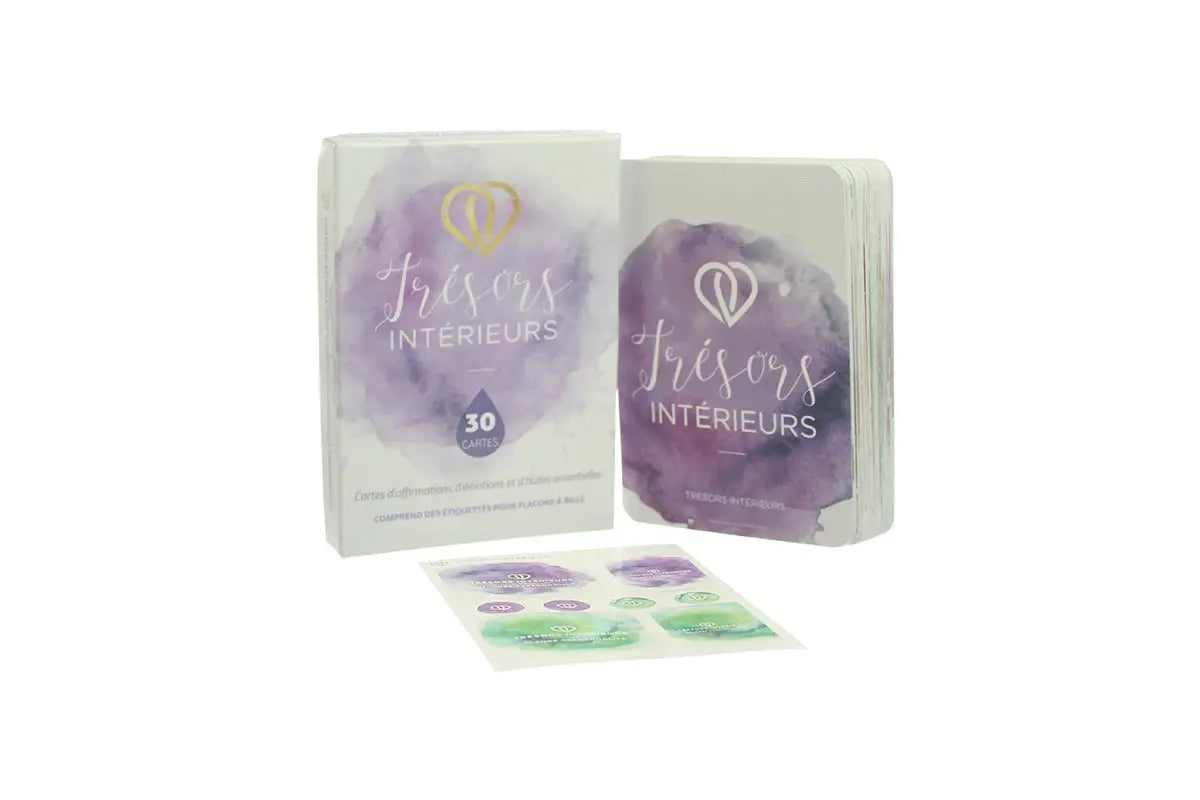 French &quot;Treasures Within&quot; Emotions and Essential Oil Affirmation Cards and Bottle Labels