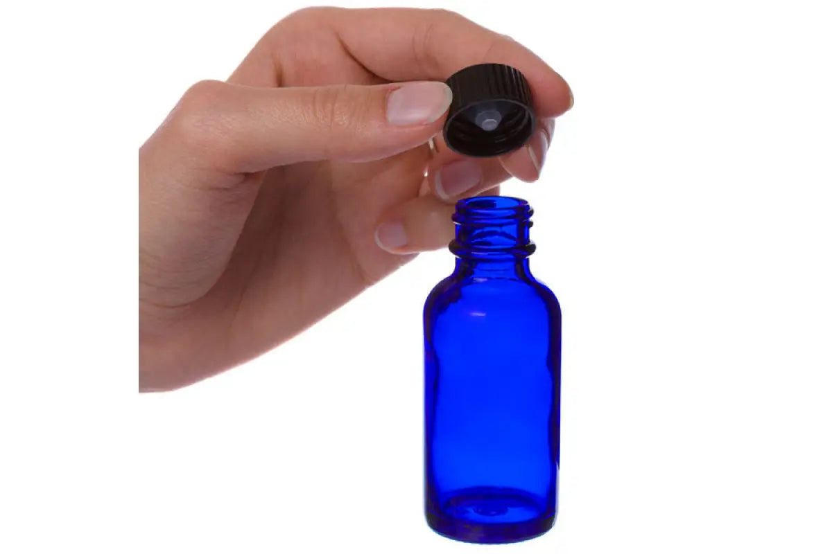 1 oz. Blue Glass Bottles with Black Caps (Pack of 6)