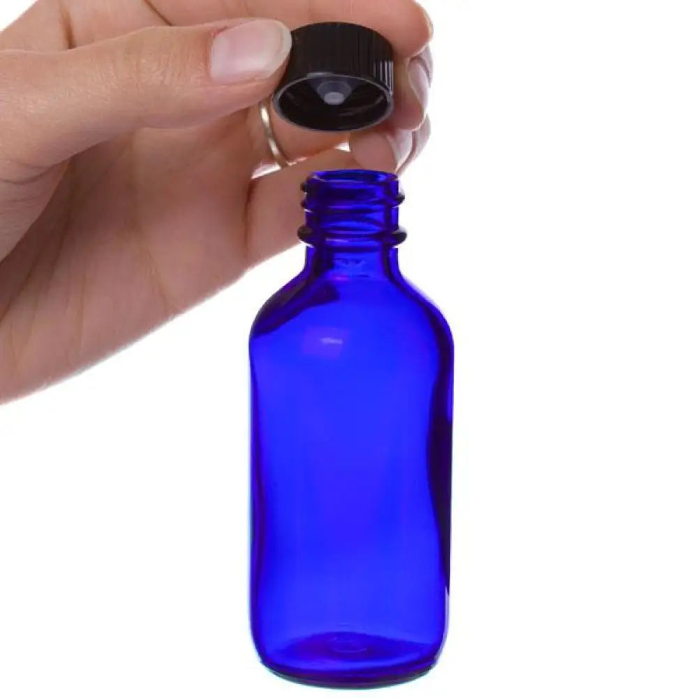 2 Oz. Blue Glass Bottle With Black Cap