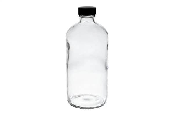 16 oz Clear Glass Sauce Decanter Bottles w/ Ribbed Black Lined Caps