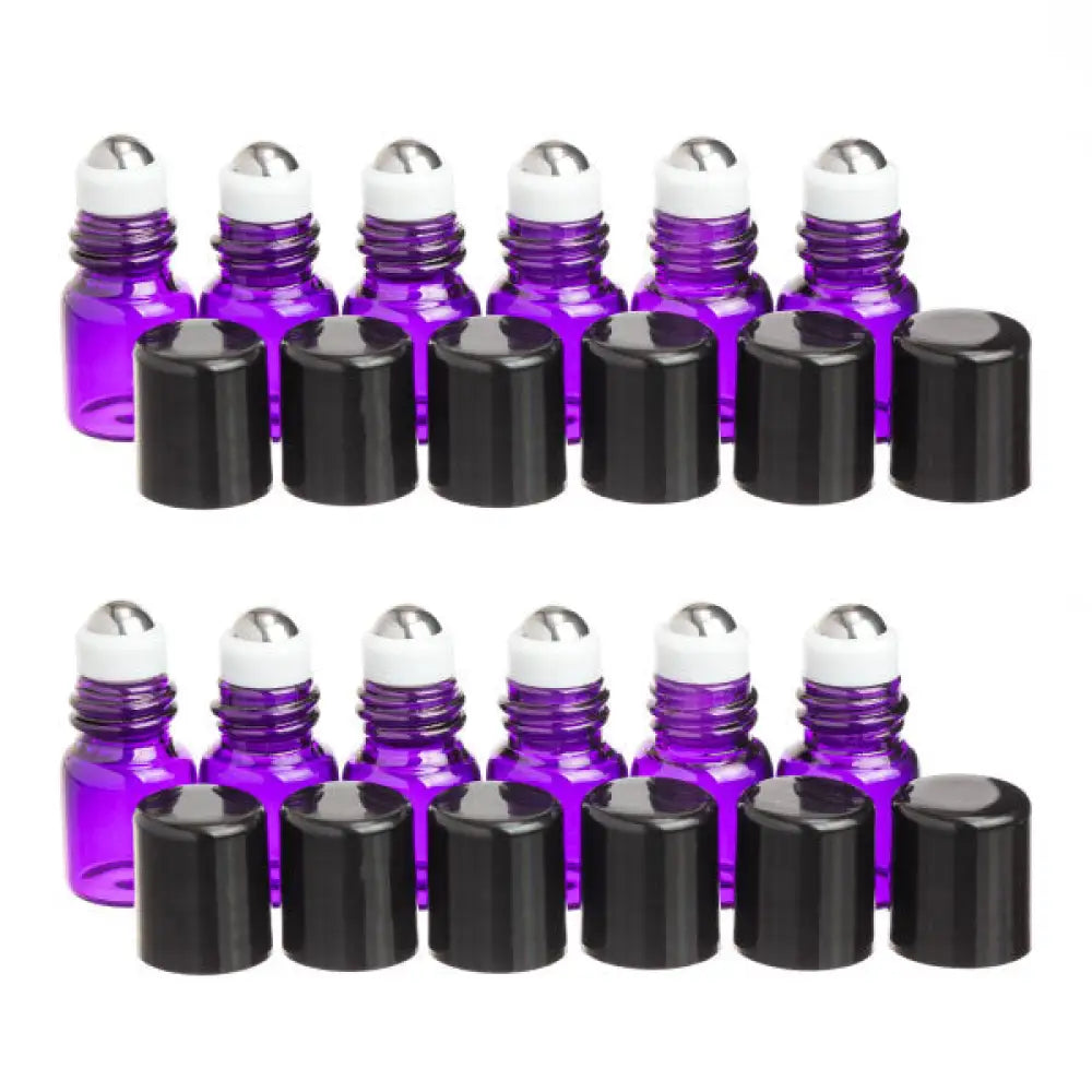 1 Ml Purple Glass Vials With Metal Roll-Ons And Black Caps (Pack Of 12)