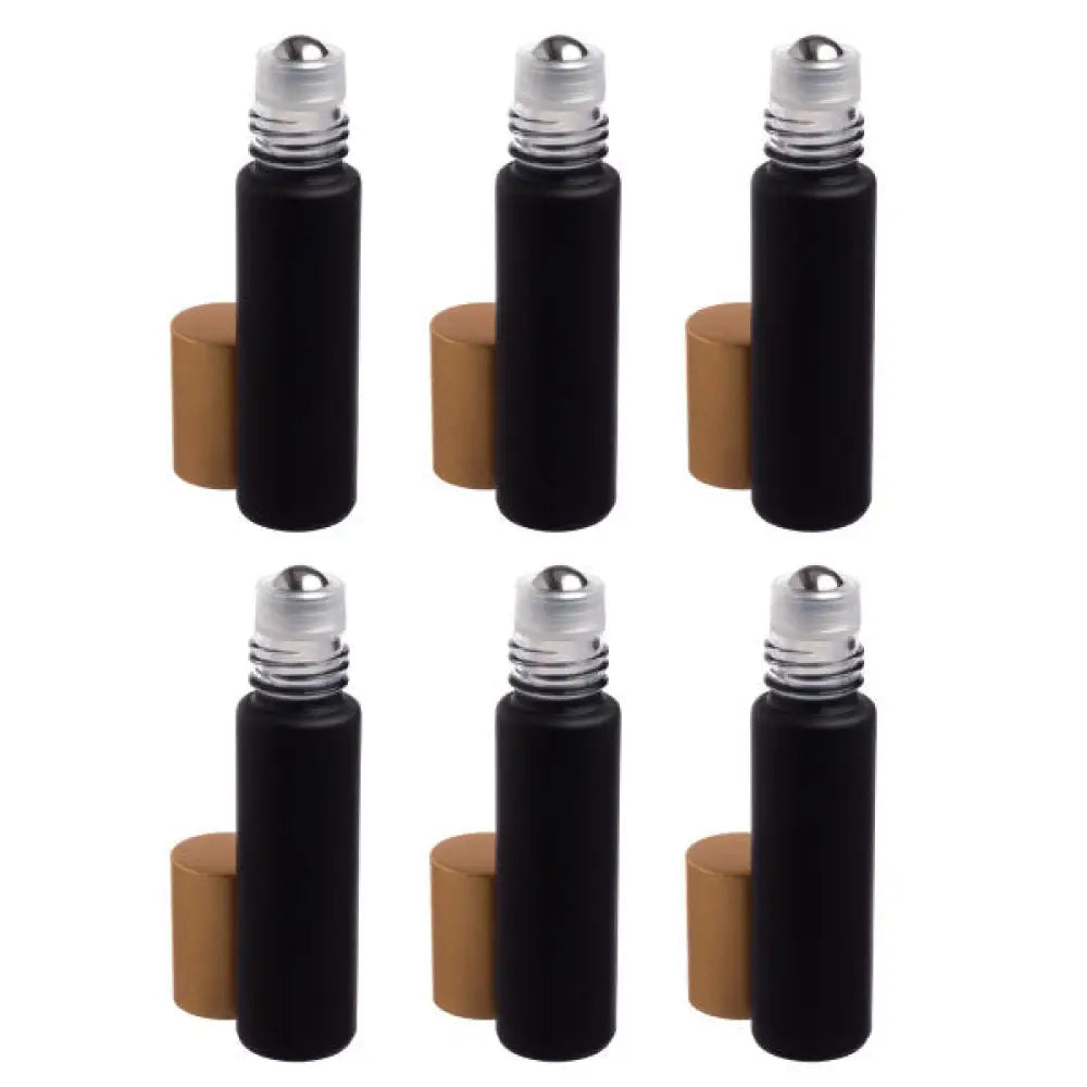 1/3 Oz. Matte Black Glass Bottles With Metal Roll-Ons And Gold Caps (Pack Of 6)