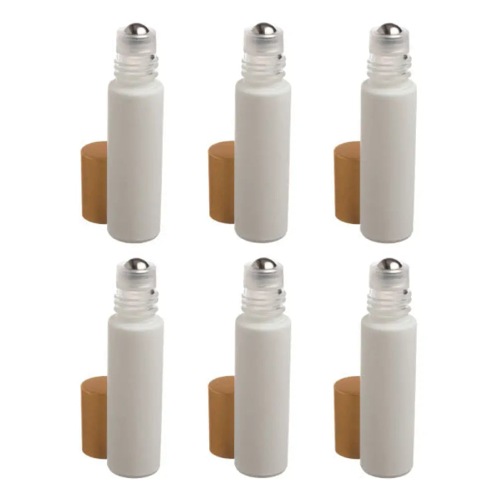 1/3 Oz. Matte White Glass Bottles With Metal Roll-Ons And Gold Caps (Pack Of 6)