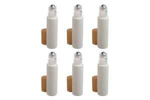 1/3 Oz. Matte White Glass Bottles With Metal Roll-Ons And Gold Caps (Pack Of 6)