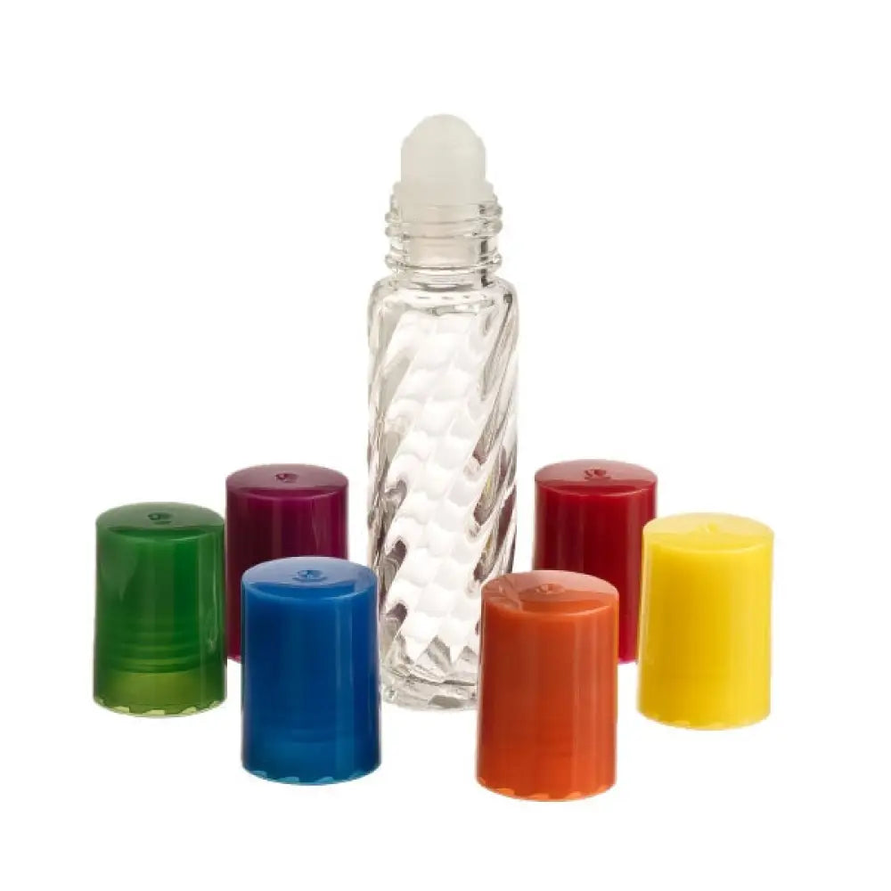 1/3 oz. Clear Swirled Glass Roll-on Vials with Assorted Bright Caps (Pack of 6)