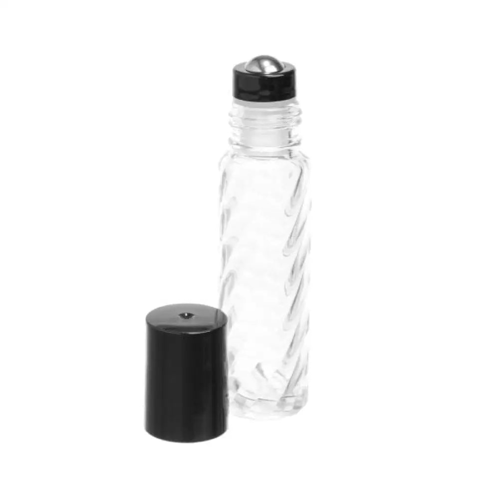 1/3 oz. Clear Swirled Glass Vials with Metal Roll-ons and Black Caps (Pack of 6)
