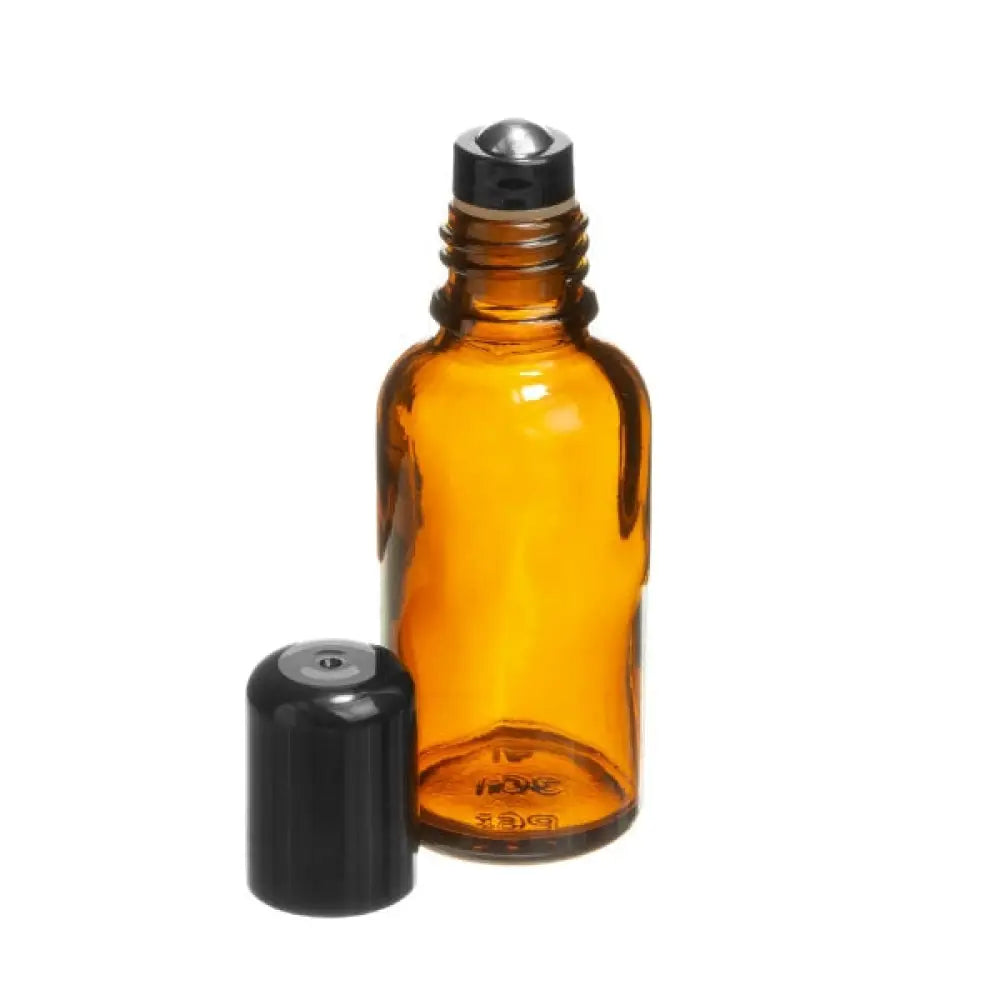 30 ml Amber Glass Vials with Stainless Steel Roll-ons and Black Caps (Pack of 6)
