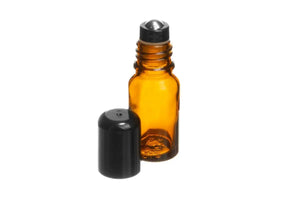 10 ml Amber Glass Vials with Stainless Steel Roll-ons and Black Caps (Pack of 6)