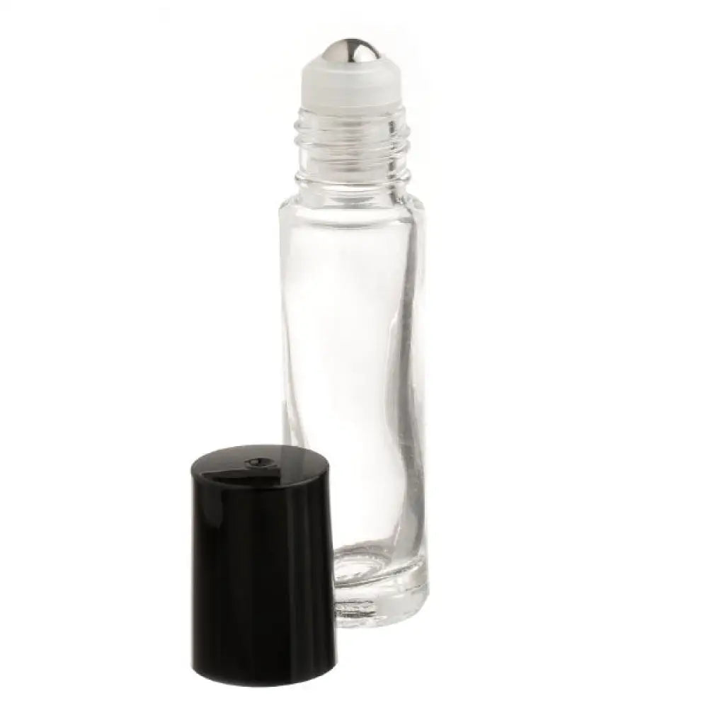 1/3 oz. Clear Glass Roll-on Vials with SpringLock Stainless Steel Roll-ons and Black Caps (Pack of 6)