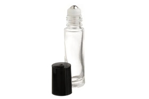 1/3 oz. Clear Glass Roll-on Vials with SpringLock Stainless Steel Roll-ons and Black Caps (Pack of 6)