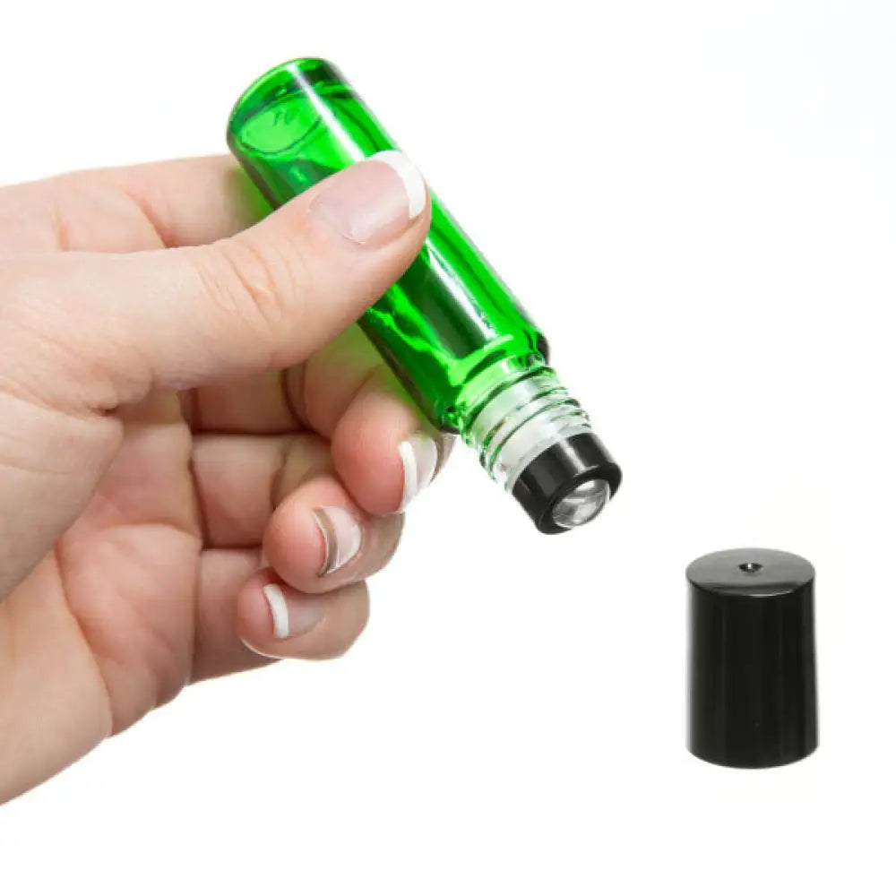 1/3 Oz. Green Glass Bottles With Metal Roll-Ons And Black Caps (Pack Of 6)