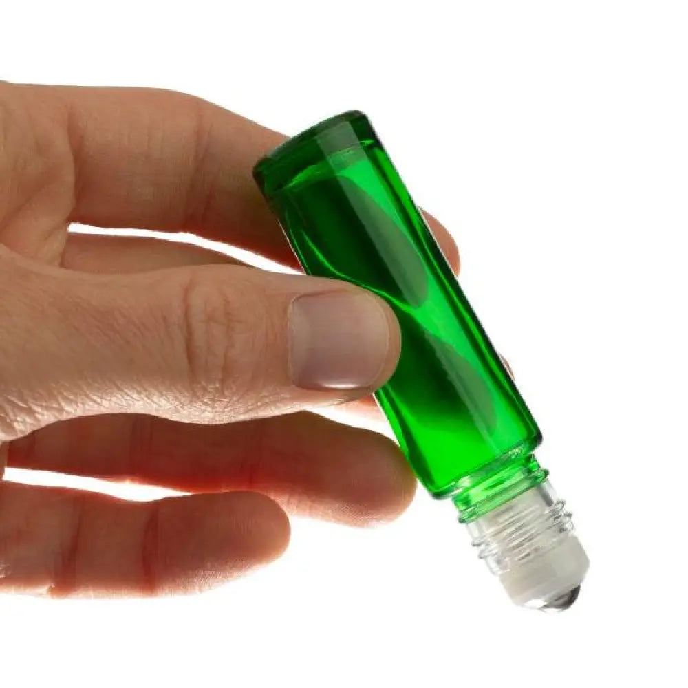 1/3 Oz. Green Glass Roll-On Vials With Springlock Stainless Steel Roll-Ons And Black Caps (Pack Of