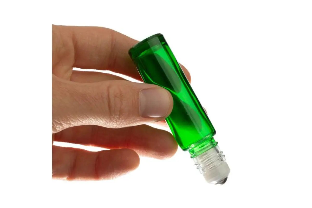 1/3 oz. Green Glass Roll-on Vials with SpringLock Stainless Steel Roll-ons and Black Caps (Pack of 6)