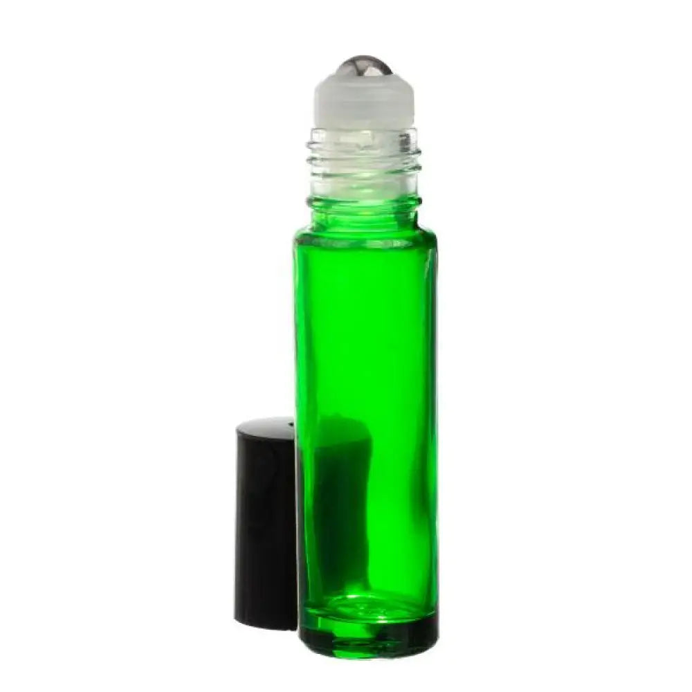1/3 oz. Green Glass Roll-on Vials with SpringLock Stainless Steel Roll-ons and Black Caps (Pack of 6)