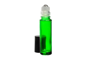 1/3 oz. Green Glass Roll-on Vials with SpringLock Stainless Steel Roll-ons and Black Caps (Pack of 6)