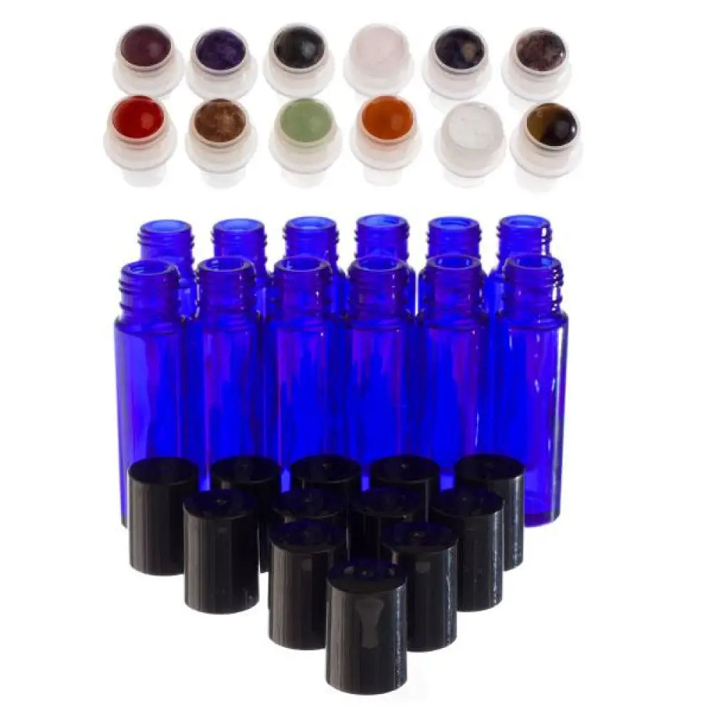 1/3 oz. Blue Glass Vials with Gemstone Rollers and Black Caps (Pack of 12)
