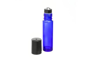 1/3 oz. Blue Glass Bottles with Metal Roll-ons and Black Caps (Pack of 6)