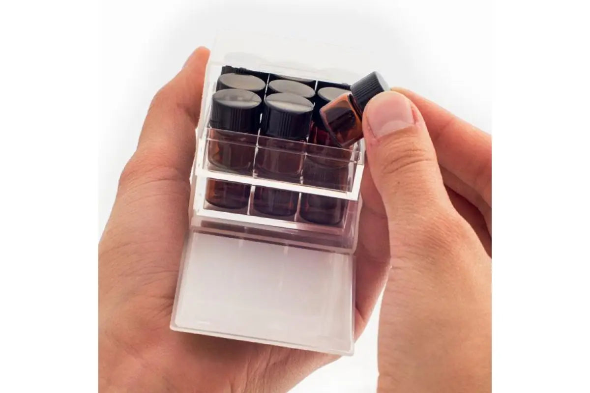 Cube Oil Box with Sample Vials Orifice Reducers and Black Caps (Holds 18 Vials 1/4 Dram)