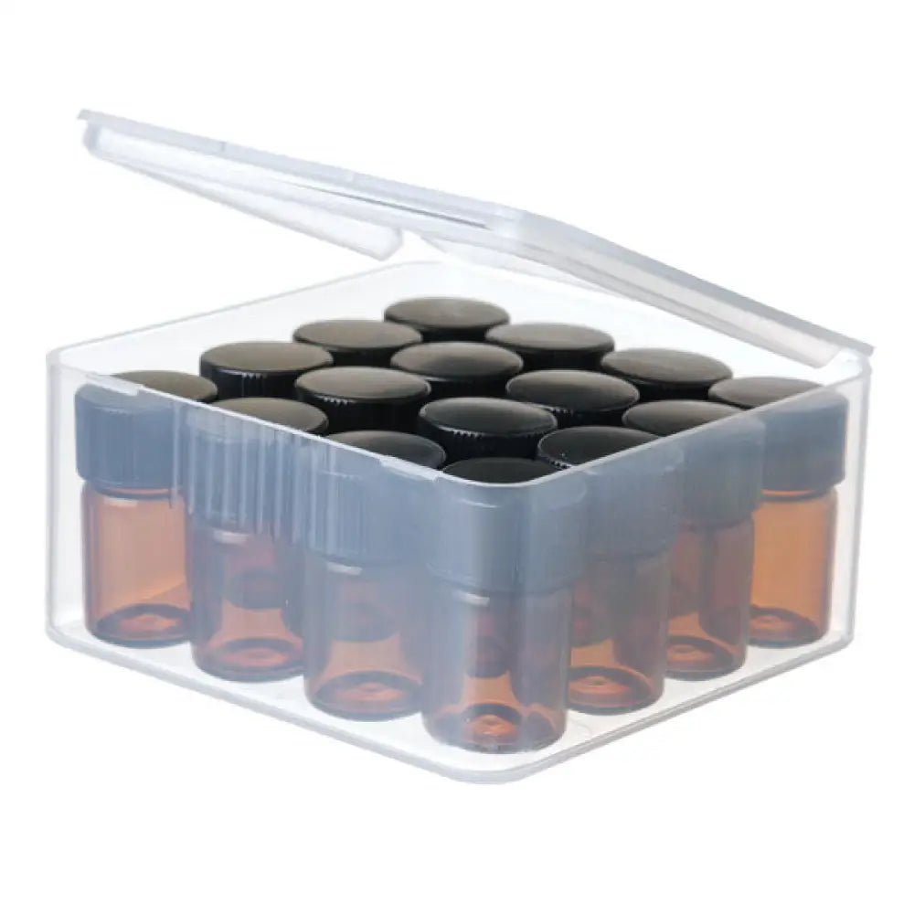 Plastic Oil Box With Sample Vials Orifice Reducers And Black Caps (16 5/8 Dram)