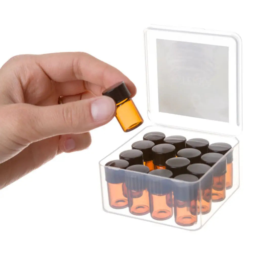 Plastic Oil Box With Sample Vials Orifice Reducers And Black Caps (16 5/8 Dram)
