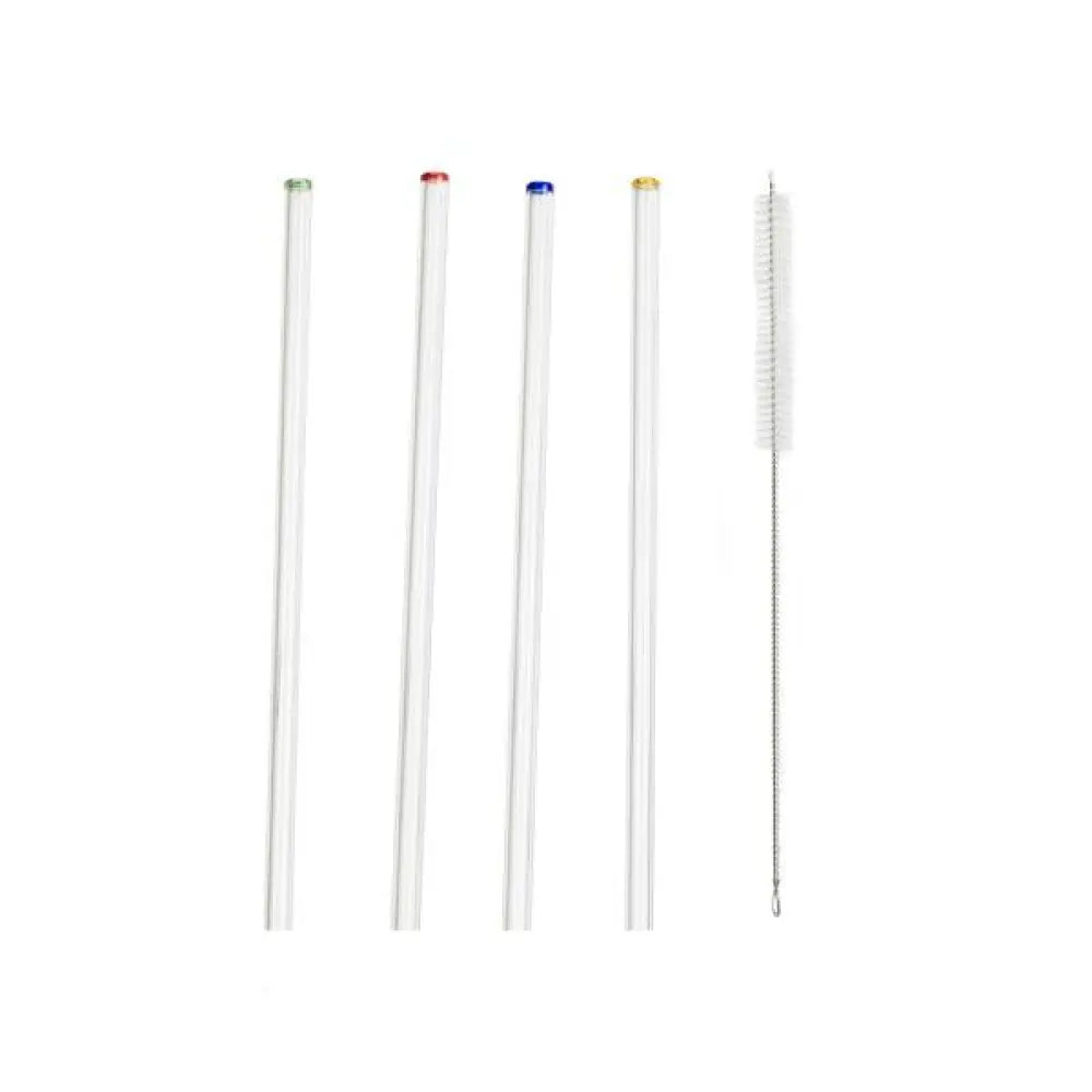 Glass Drink Straws And Cleaning Brush (Set Of 4) Straight With Colored Tips
