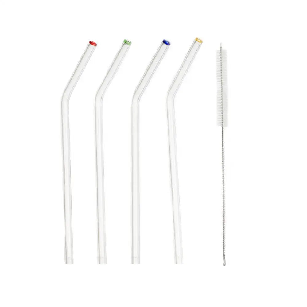 Glass Drink Straws And Cleaning Brush (Set Of 4) Bent With Colored Tips