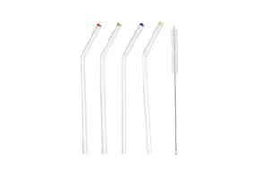 Glass Drink Straws And Cleaning Brush (Set Of 4) Bent With Colored Tips