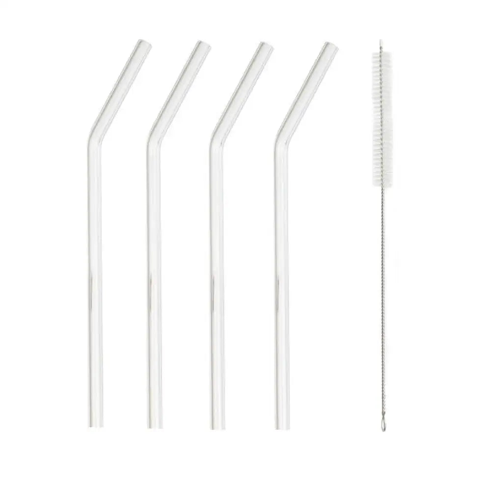 Glass Drink Straws And Cleaning Brush (Set Of 4) Bent