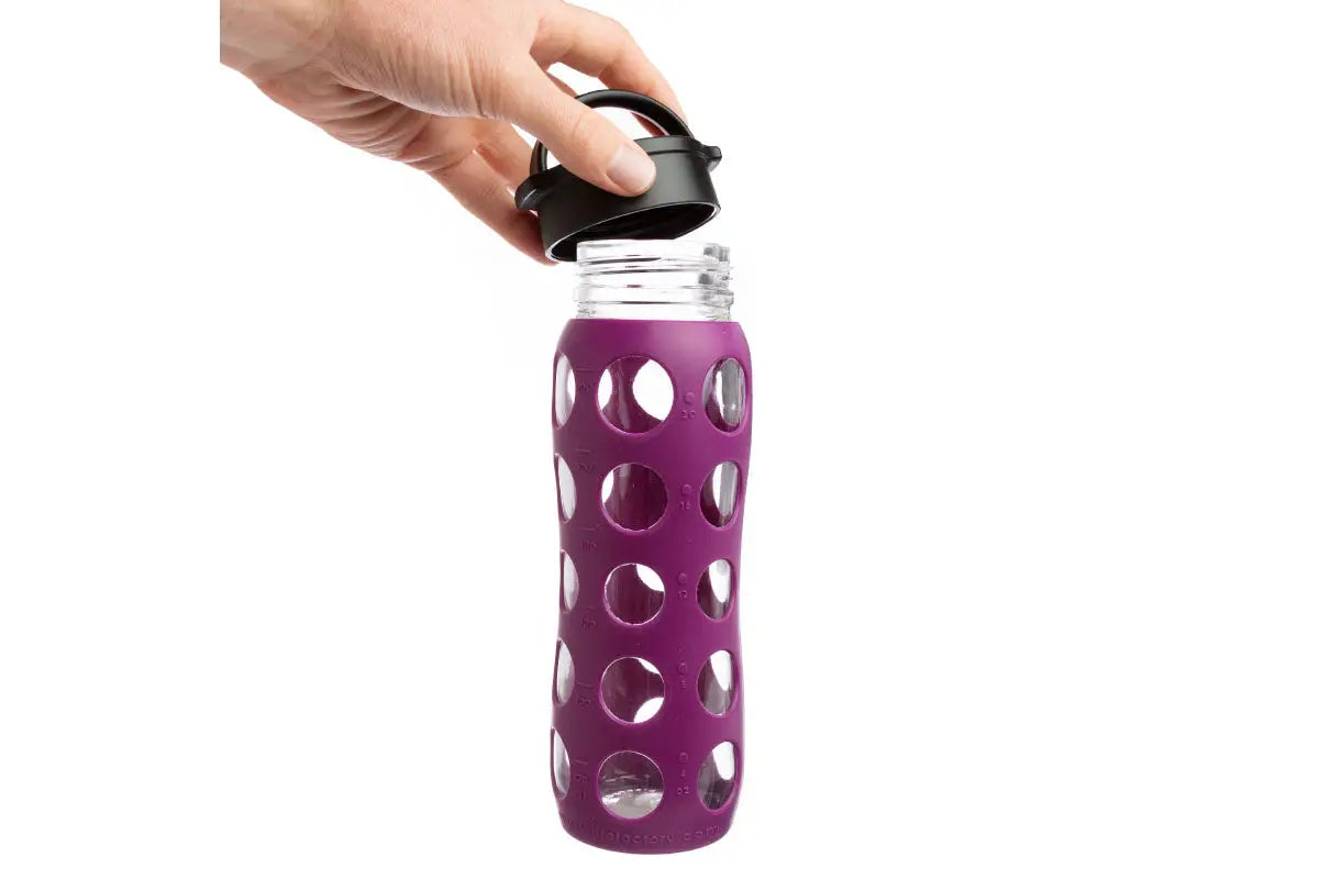 Glass Water Bottle with Plastic Flip Cap and Silicone Sleeve (22