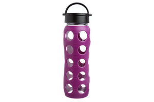 Glass Water Bottle With Plastic Flip Cap And Silicone Sleeve (22 Oz.) Plum