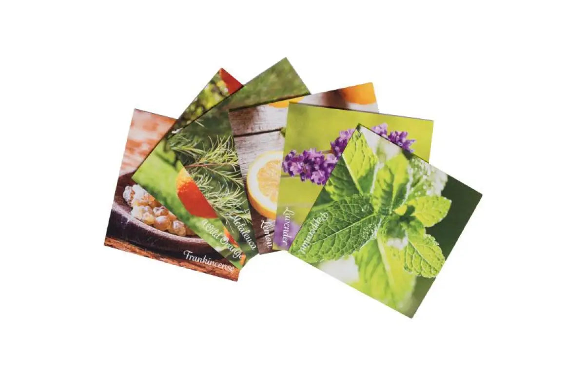 Front side of Essential Oil Word Mosaics and Photo Art Cards pack, featuring: peppermint, lavender, lemon, melaleuca, wild orange and frankincense.