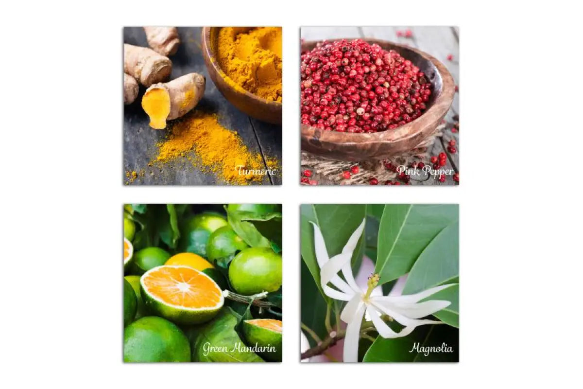 Front side of Essential Oil Word Mosaics and Photo Art Cards pack, featuring: turmeric, pink pepper, green mandarin and magnolia.